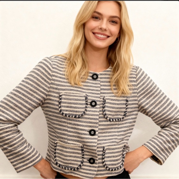 Tommy Hilfiger Striped Tweed Cropped Jacket | Size 4 | Nautical Preppy Chic - Picture 5 of 6